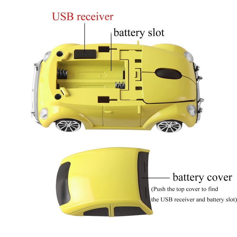 elec Space Wireless Mouse, 2.4GHz Wireless Computer Mouse Cool 3D Sport Car Shape Ergonomic Optical Cordless Mice with USB Receiver for PC Laptop Notebook 1600DPI Yellow - Image 3